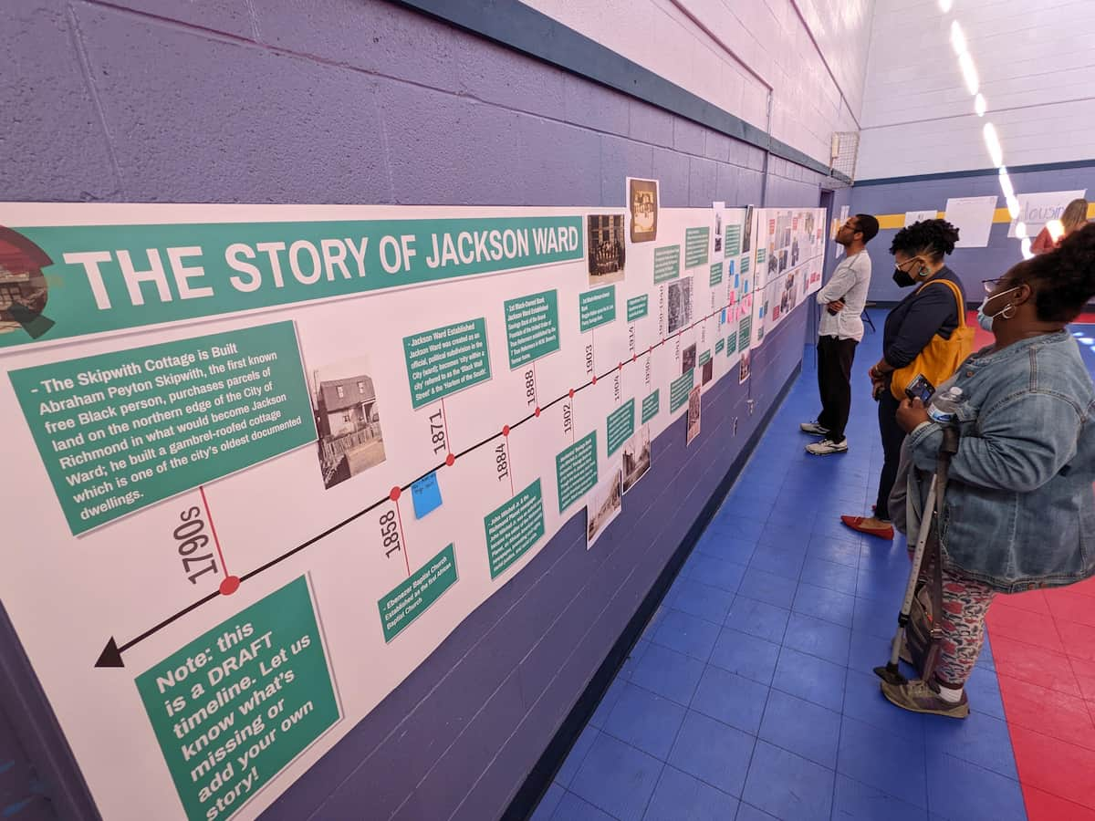 People looking at a timeline posted on the wall