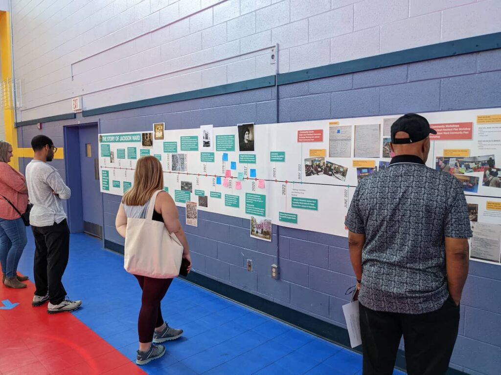 Four people examine a timeline attached to the wall.