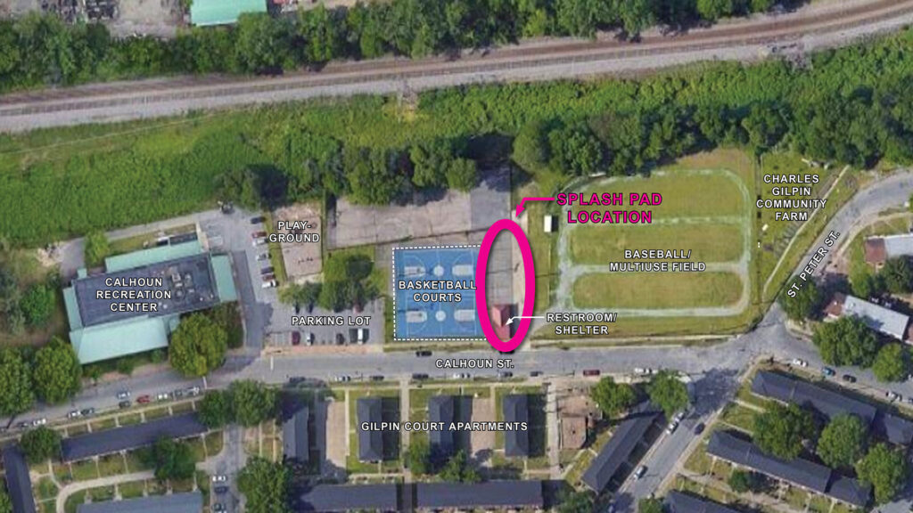 Aerial graphic showing location of future splash pad at Calhoun Center