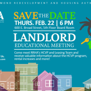 Flyer for a HCVP Landlord Educational Meeting hosted by RRHA on 2/22/24 at 6 PM