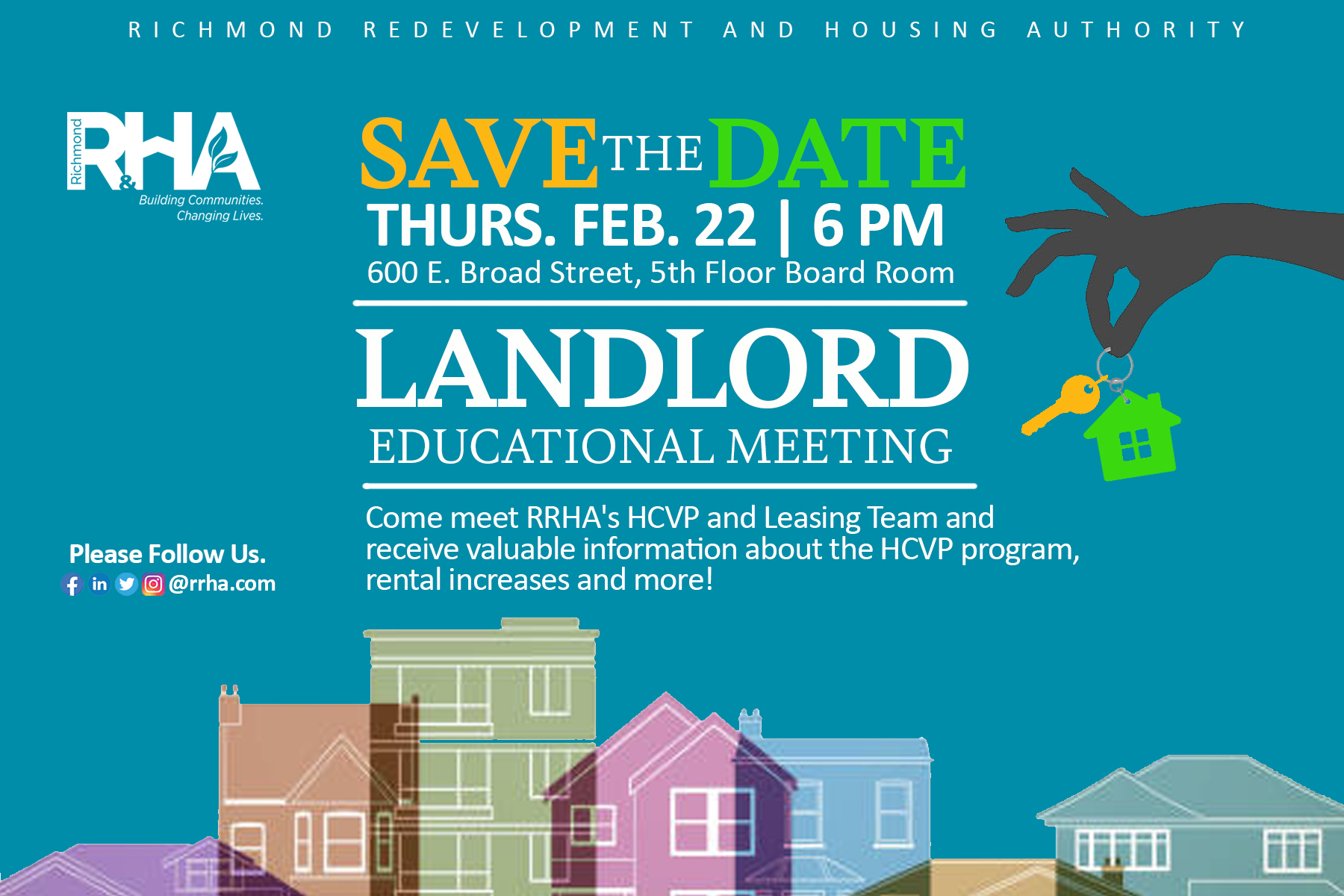 Flyer for a HCVP Landlord Educational Meeting hosted by RRHA on 2/22/24 at 6 PM