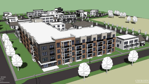 A 3D illustration of an apartment building.
