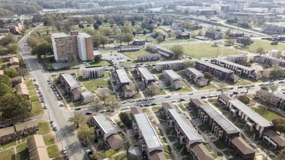 An aerial view of public housing blocks.