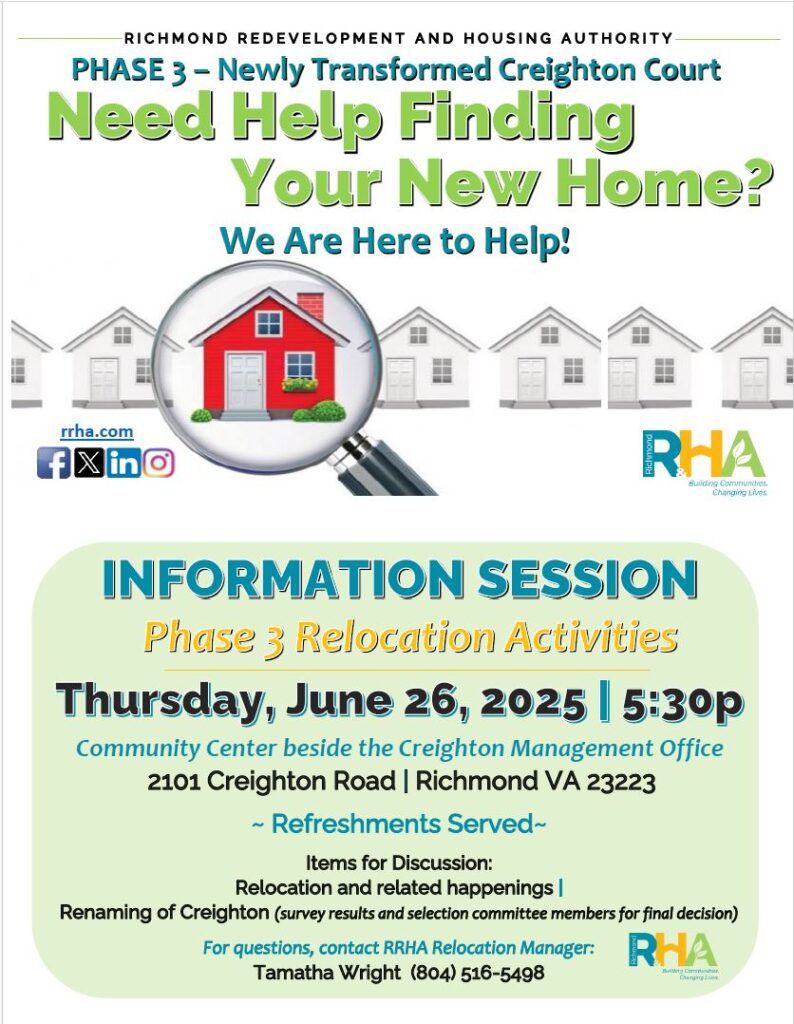 A poster advertising a 6/26 information session on Creighton Court's phase 3 relocation plans
