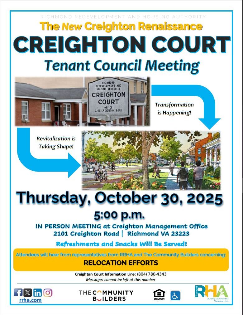 A flyer for a Creighton Court Tenant Council Meeting
