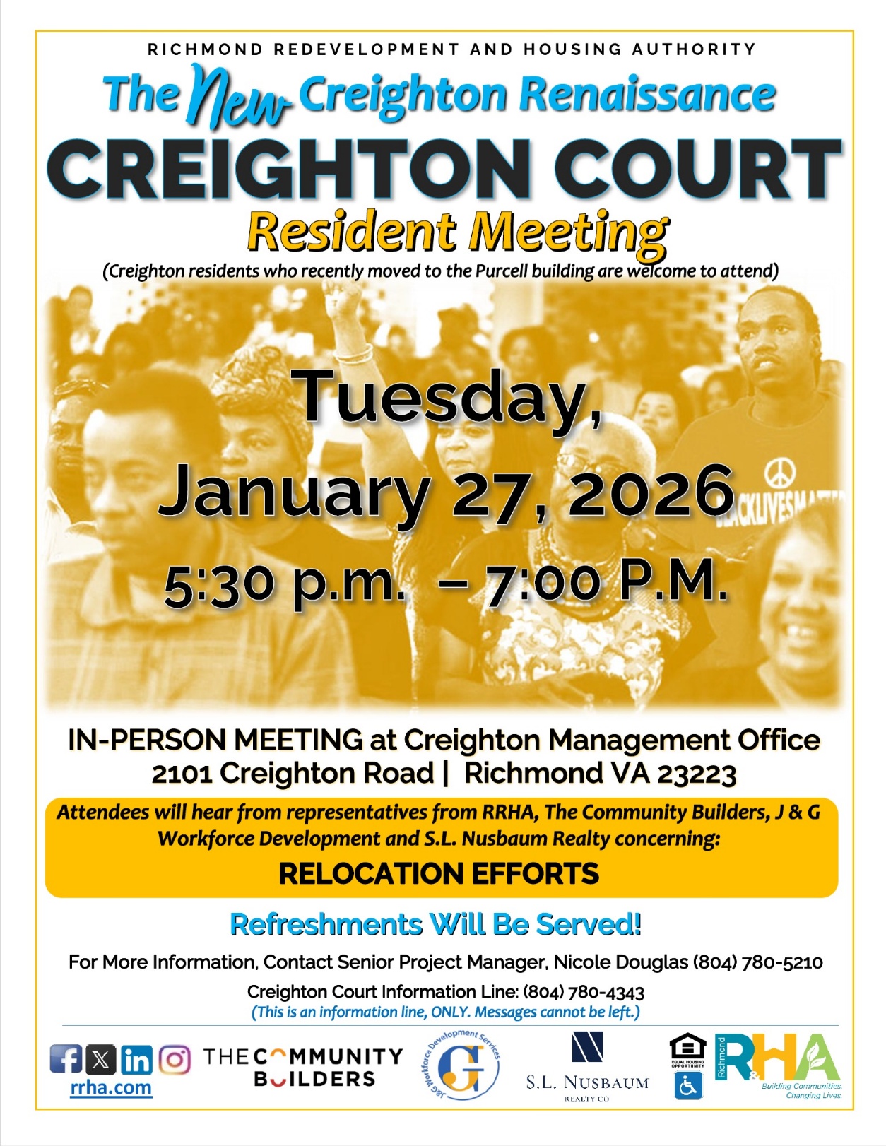 A flyer advertising the 1/27 Creighton Court Resident Meeting