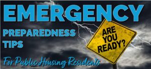 "Emergency Preparedness Tips" graphic with a warning sign in a storm