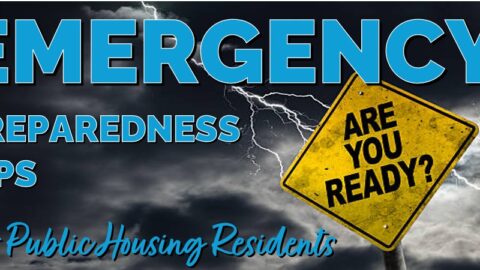 "Emergency Preparedness Tips" graphic with a warning sign in a storm