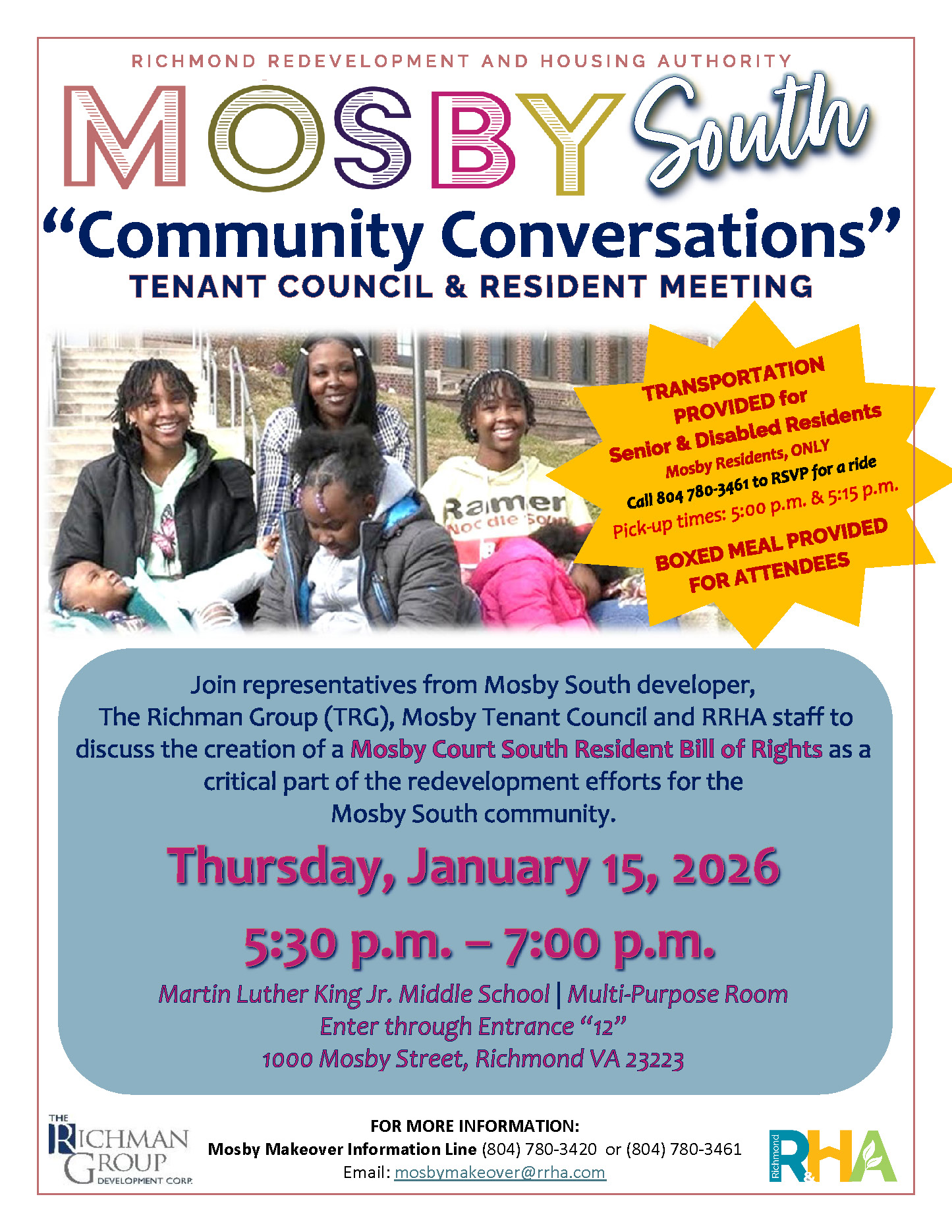 A poster with details about the Mosby South "Community Conversations" on 1/15