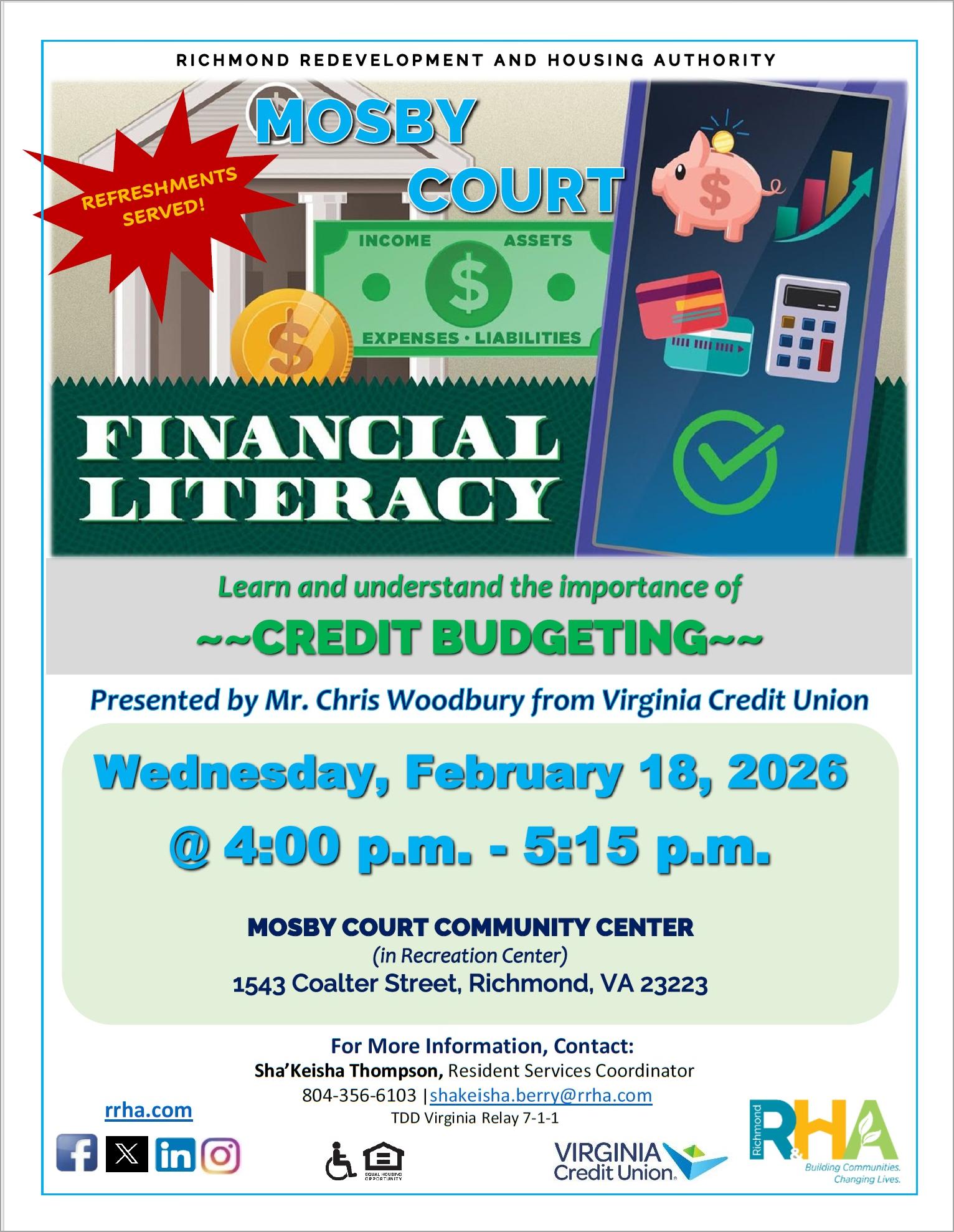 A flyer for a financial literacy event at Mosby Court.