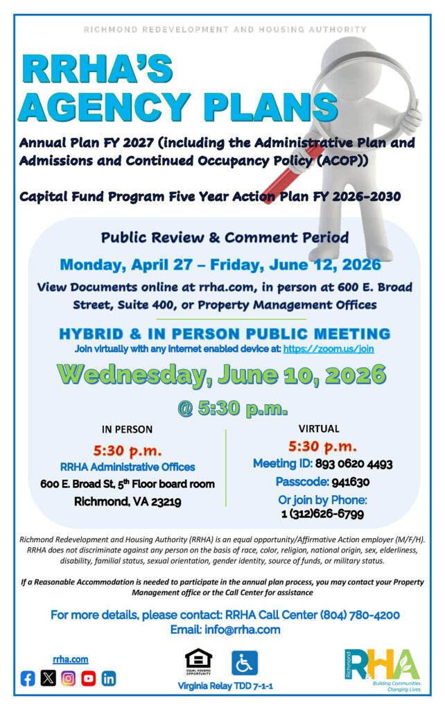 Poster discussing the Public review and comment period for RRHA's annual plan FY2027
