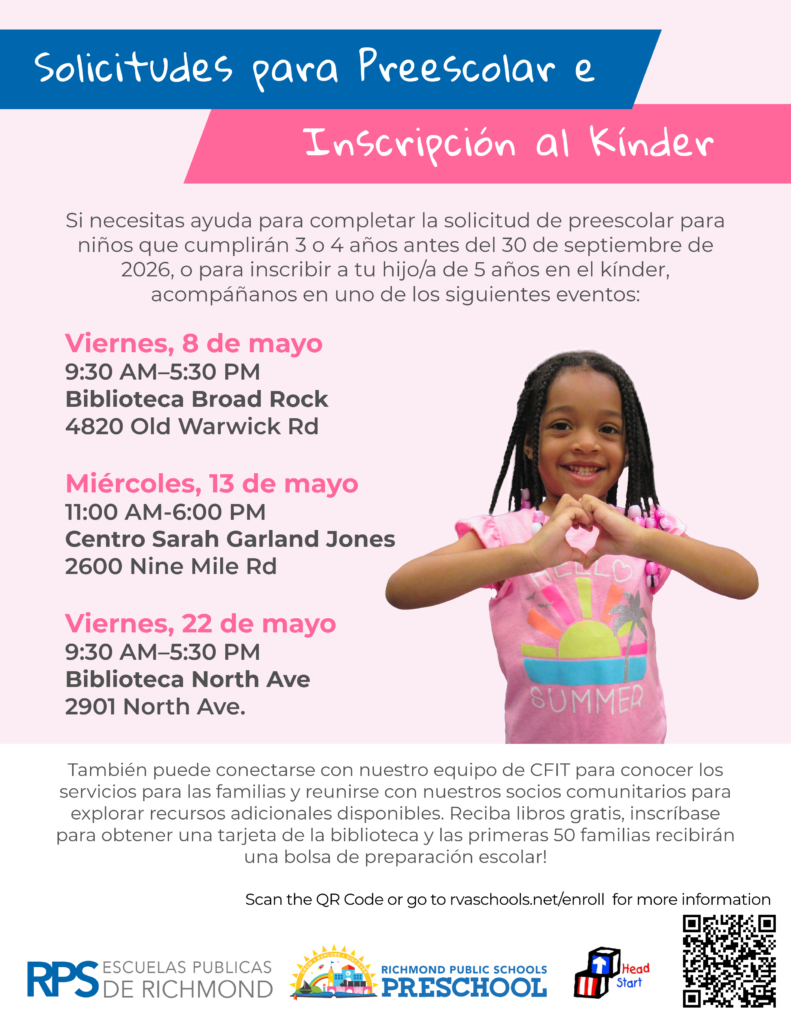 Spanish flyer for May 2026 Preschool and Kindergarten Enrollment Event 